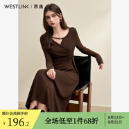 西遇咖色長(cháng)袖連衣裙女2024年秋季新款V領(lǐng)串珠鏤空領(lǐng)口修身長(cháng)裙 咖色 XL