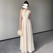 微光里法式白色無袖掛脖v領(lǐng)連衣裙女2025夏季新款絕美收腰顯瘦大擺長裙 掛脖收腰連衣裙【米白色 S】