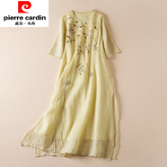 皮爾卡丹（pierre cardin）復(fù)古盤扣苧麻刺繡雙層連衣裙夏大碼女裝圓領(lǐng)半袖下擺開叉亞麻裙子 淺黃色 M 【95-110斤】