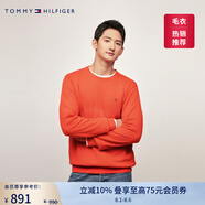 TOMMY HILFIGER【柔軟純棉】25秋冬男撞色條紋學(xué)院風(fēng)針織衫/情侶款純色毛衣 【簡(jiǎn)約合身毛衣】紅橙色792 XL （推薦：165-180斤）