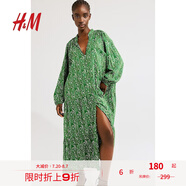 H&M女裝花卉連衣裙夏季海邊度假風印花長袖燈籠袖連身裙1239045 綠色/圖案 建議拍小一碼 M 165/96