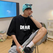卡通美式t恤男oversize夏季寬松衣服ins潮牌半袖潮流高街時尚短袖 DEAR五分袖黑色 M
