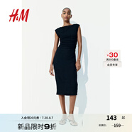 H&M女裝背心吊帶連衣裙2025夏季通勤修身一字肩垂褶緊身裙1283258 黑色 S 160/88