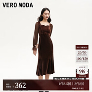 VEROMODA連衣裙2024秋季女裝新款天鵝絨拼接網(wǎng)紗魚(yú)尾長(zhǎng)裙鉆石領(lǐng)東方簡(jiǎn)奢風(fēng) 紗袖絲絨裙-苛熱棕色 XS
