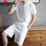 皮爾卡丹（pierre cardin）品牌夏季亞麻套裝男休閑棉麻短袖t恤男裝古風衣服唐裝寬松漢服男t a24白色一套 M 85斤左右