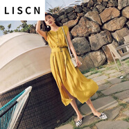 LISCN雪紡連衣裙女夏2025新款流行韓版氣質(zhì)裙子很仙的法國過膝款長裙女 黃色 S