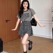 韓璐嬌（hanlujiao）夏季女裝2025新款茶系穿搭一整套裝女設(shè)計(jì)感高腰顯瘦連衣裙子夏天 灰色上衣+短格子裙 XL