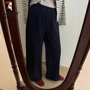 啄木鳥(niǎo)冰絲棉麻純色木耳邊松緊腰闊腿長(zhǎng)褲2025年春季新款百搭顯瘦直筒褲 黑色【高品質(zhì)】 XL