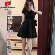 皮爾卡丹黑色赫本風(fēng)連衣裙女夏季a字收腰小黑裙夏日絕美小裙子清純掐腰裙 唯美黑色連衣裙 S 適用于