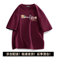 雪中飛 SNOW FLYING夏季女裝純棉T恤圓領(lǐng)百搭簡約印花舒適透氣短袖上衣寬松白色半袖 酒紅色 343 M
