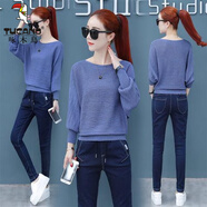 啄木鳥(niǎo)一字肩蝙蝠袖t恤女針織打底衫新款秋冬裝遮肚百搭洋氣質(zhì)女士上衣 藍色 S 建議100斤以下