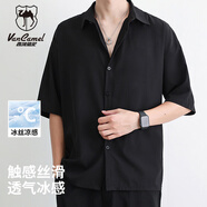 西域駱駝（VANCAMEL）短袖襯衫男夏季港風(fēng)帥氣男士寬松外套百搭休閑男裝襯衣 黑色 XL