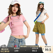 KAMA卡瑪設(shè)計感撞色印花圓領(lǐng)短袖T恤2025新款夏季女彈力短款上衣 白色 M