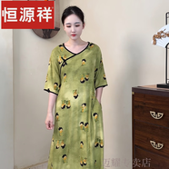 恒源祥夏季新中式改良五分袖爆款薄款大碼寬松氣質(zhì)日常棉綢旗袍連衣裙 小糖人- (包邊款口袋款) M XL：裙長(zhǎng)120c 身高160以下