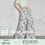 Basic House/百家好水墨印花垂感闊腿褲夏慵懶度假風(fēng)高腰松緊長(cháng)褲 花色 S