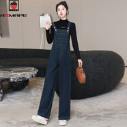 AEMAPE2025年新款牛仔背帶闊腿褲女春秋季高腰休閑寬松直筒吊帶連體長褲  深藍色 M 建議100斤-115斤