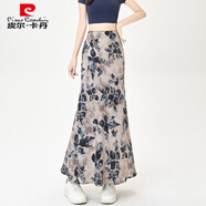皮爾卡丹夏天冰絲醋酸緞面半身裙女復(fù)古禪意花朵印花包臀魚尾裙法式一步裙樹葉灰S