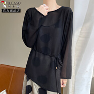 啄木鳥(niǎo)喬其紗不規則防曬衣女寬松外套上衣設計感夏季溫柔風(fēng)微透長(cháng)袖T恤 黑色 L