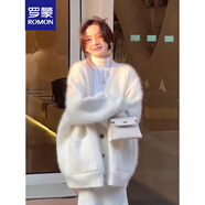 羅蒙（ROMON）白色仿水貂絨毛衣開衫女秋冬加厚針織外套慵懶風(fēng)高級(jí)感2025年新款 白色 均碼 -90-135斤