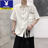花花公子（PLAYBOY）新中式竹子刺繡金屬飛機扣短袖襯衫男夏季中國風學院唐裝襯衣 白色CS45 L