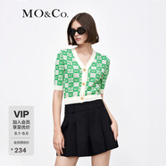 MO&Co.夏棋盤格小香風開衫上衣短袖V領截短輕薄針織衫女 綠白格 S 160
