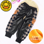 G.DUCKKIDS秋冬新款嬰兒隔尿皮褲寶寶防水皮褲兒童開(kāi)檔防尿褲男女童外穿罩褲 半皮半布土黃格子小熊 均碼 大號(hào)(14-26個(gè)月)