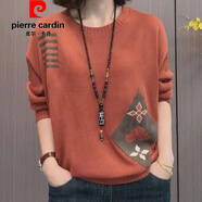 皮爾卡丹（pierre cardin）抖音同款提花圓領(lǐng)毛衣女秋冬季新款遮肚民族風(fēng)寬松顯瘦針織打底衫 R700#磚紅色 2XL _【建議131-140斤】