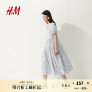 H&M女裝連衣裙2025秋季新款泡泡袖度假風V領植物印花長裙1287800 白色/花卉 M 165/96