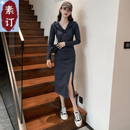 夏典素訂女王（SE.PSTP）素訂原創(chuàng  )品牌修身開(kāi)叉黑色長(cháng)袖連衣裙女學(xué)生2025春季新款氣質(zhì)性感 灰色長(cháng)袖 不起球 S 155/80A 建議80-93