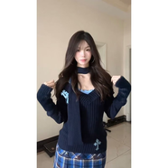 韓夢珍套裝女2024秋冬新款學(xué)院風(fēng)v領(lǐng)修身毛衣針織衫吊帶背心格紋百褶裙 針織毛衣吊帶背心兩件套 S S80-90斤