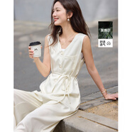 德瑪納【清爽型100萊賽爾】夏季自然輕薄V領(lǐng)紐扣寬松遮肉女式連體褲