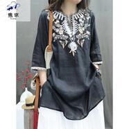 蕉京素訂女民族風(fēng)繡花棉麻襯衫女士氣質(zhì)中長(cháng)款套頭小衫夏季薄款亞麻開(kāi) 藏青色 M 【95-115斤】