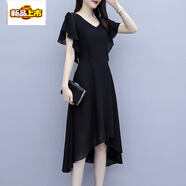 初徑時(shí)尚氣質(zhì)減齡雪紡短袖連衣裙女遮肚子顯瘦中長(cháng)款裙子夏季新款 黑色 M 90-100斤