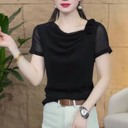 2025夏季新款花朵短袖網(wǎng)紗打底衫女T恤 修身顯瘦堆堆領洋氣小衫 黑色 2XL 【建議105-120斤】