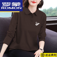 羅蒙（ROMON）純棉有領(lǐng)長(cháng)袖T恤女POLO衫T恤翻領(lǐng)上衣新款顯瘦遮肉打底衫潮 咖啡色【小天鵝-白】 4XL 【建議160-180斤】