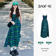 冉藝嵐同款SHOP 98綠色格子吊帶連衣裙女夏季設(shè)計感小眾收腰顯瘦氣質(zhì)長 綠色格子連衣裙  升級面料 【專 L 【建議100-115斤】