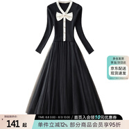 絲柏舍撞色V領(lǐng)網(wǎng)紗連衣裙2025秋裝新款女裝蝴蝶結(jié)收腰中長(zhǎng)裙