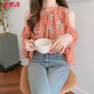 唐思薇大碼夏季法式別致荷葉邊露肩碎花雪紡襯衫女胖妹妹設計感小眾上衣 桔色 L 105-120斤