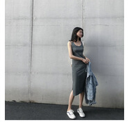 長(cháng)款吊帶連衣裙外穿夏季2025年新款女開(kāi)叉氣質(zhì)顯瘦內搭打底裙純欲 灰色 M 碼【建議90-100斤】