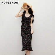 紅袖（hongshow）【復古櫻桃】輕熟雪紡裙2025夏季新款女收腰側拉荷葉邊連衣裙 黑底花658 L