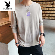 花花公子（PLAYBOY）男士t恤長袖夏季棉寬松大碼打底衫薄款秋衣衛(wèi)衣體恤春秋上衣服新 449杏色 M