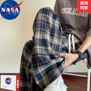 NASA RHUDE秋季潮流休閑褲男夏季直筒褲男生闊腿褲九分褲男士寬松工裝褲 K5767藏青格 L (110-130斤)