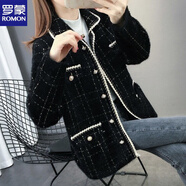 羅蒙（ROMON）水貂絨小香風(fēng)外套女秋冬新款流行短款小外套名媛小個(gè)子針織開(kāi)衫 黑色 L 建議105-115斤