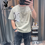 花花公子（PLAYBOY）短袖T恤男士2025夏季新款高端純棉拼接休閑潮體恤衫 卡其色 M 90-115斤
