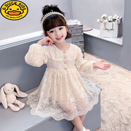 G.DUCKKIDS女童連衣裙春秋季新款女寶寶春裝兒童裙子公主裙長(cháng)袖娃娃領(lǐng)蕾絲裙 米白色 130 (身高120-130cm 5-6周歲)