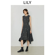 LILY2025秋新款格雷系氣質(zhì)蝴蝶結(jié)圓領(lǐng)收腰通勤無(wú)袖連衣裙女背心裙 501灰色 XL