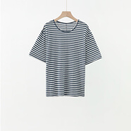 BAYBERYLCC07-BAYBERYL老貝汽水T*清爽條紋圓領(lǐng)寬松百搭夏短袖T恤NT5E0521 藍條 M (110-130斤)