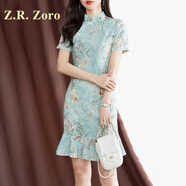 Z.R.Zoro奢侈品真絲連衣裙女2025夏季新款中式國風印花旗袍裙桑蠶絲魚尾裙 薄荷綠 M