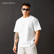 TOMATOPAPA夏季新款2025破洞圓領(lǐng)短袖T恤男寬松休閑百搭上衣半袖 白色 3XL