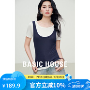 Basic House/百家好假兩件針織T恤女夏新款撞色拼接短袖體恤上衣 白拼藏青 L